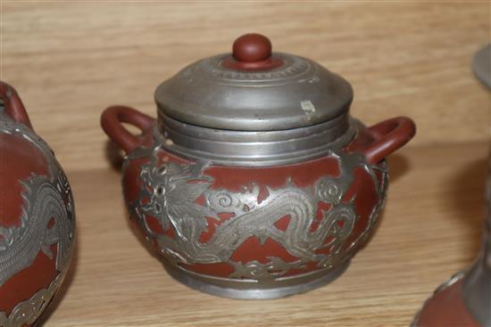 A Chinese Yixing and pewter mounted five piece tea set tallest 15cm